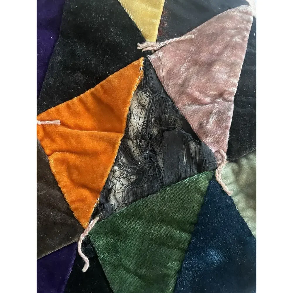 Vintage 70s Velvet Patchwork Hippie Boho Quilt Bedspread Blanket Full Sz 86”x82”